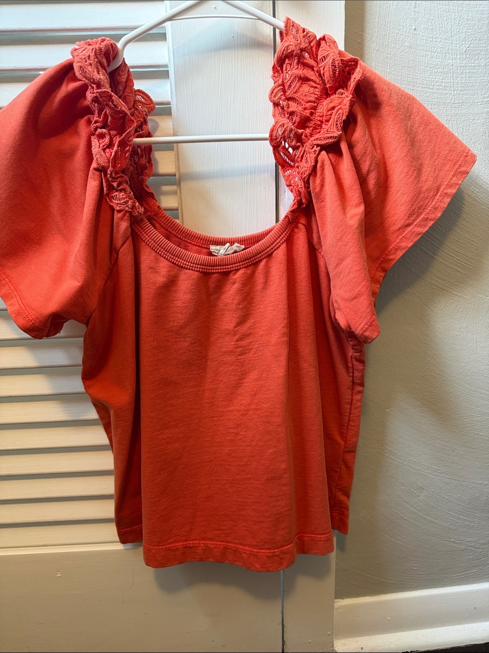 Pilcro Coral-Red Short Sleeve Tee with Crochet Straps